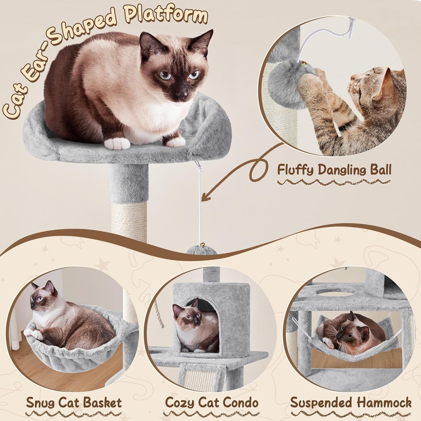 Yaheetech 63.5In Multi-Level Cat Tree Tower Condo with Scratching Posts, Platform & Hammock, Cat Activity Center Play Furniture for Kittens, Cats, and Pets